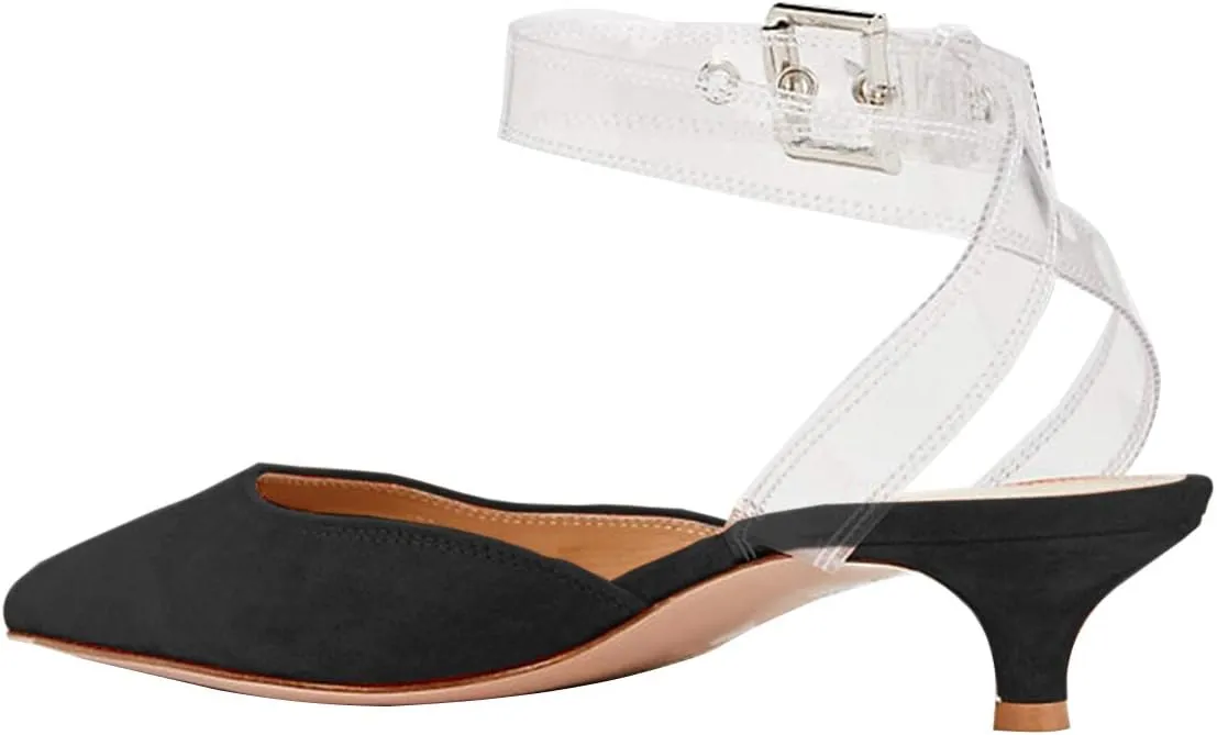 XYD Women Office Pointed Toe Kitten Low Heel Sandals Ankle Straps D' Orsay Pumps PVC Dress Shoes