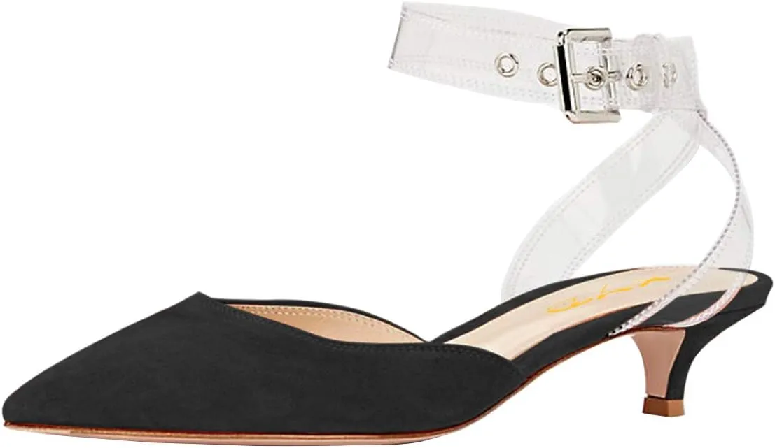 XYD Women Office Pointed Toe Kitten Low Heel Sandals Ankle Straps D' Orsay Pumps PVC Dress Shoes