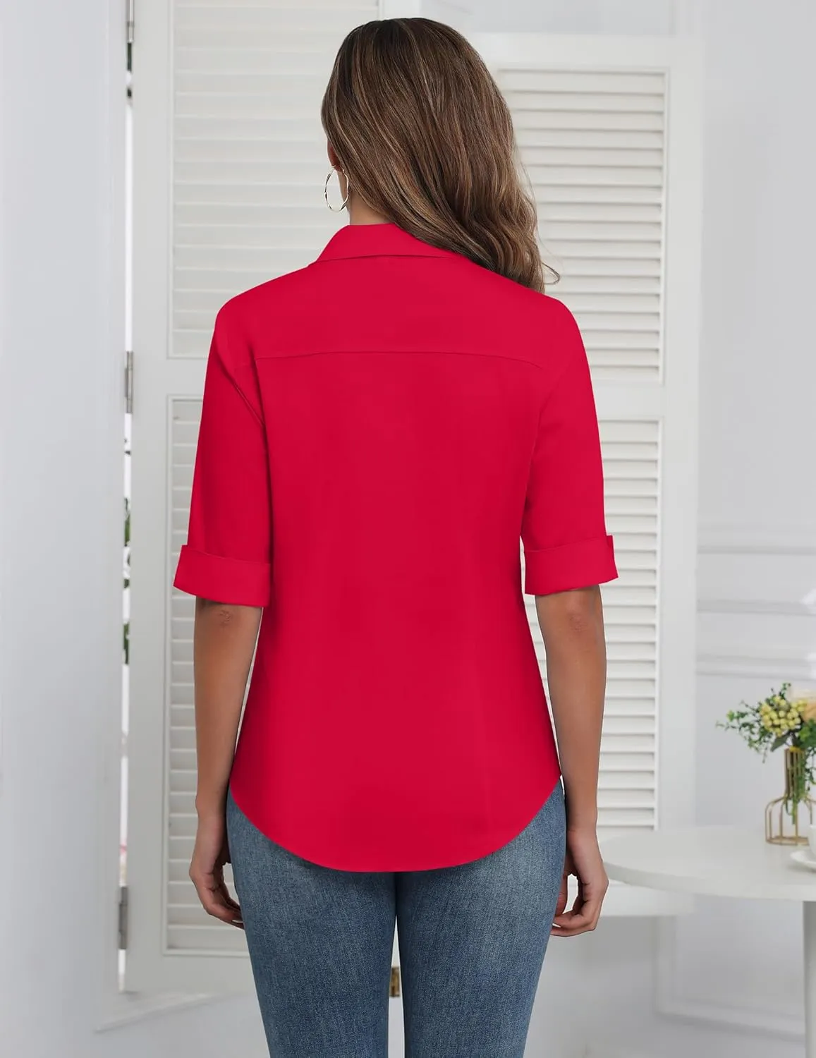 Zeagoo Womens Button Down Shirts 3/4 Sleeve Dress Blouses Business Casual Collared Oxford Tops