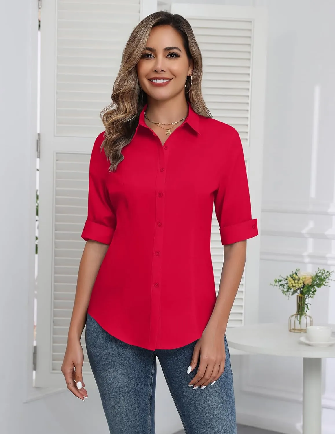 Zeagoo Womens Button Down Shirts 3/4 Sleeve Dress Blouses Business Casual Collared Oxford Tops