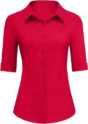 Zeagoo Womens Button Down Shirts 3/4 Sleeve Dress Blouses Business Casual Collared Oxford Tops