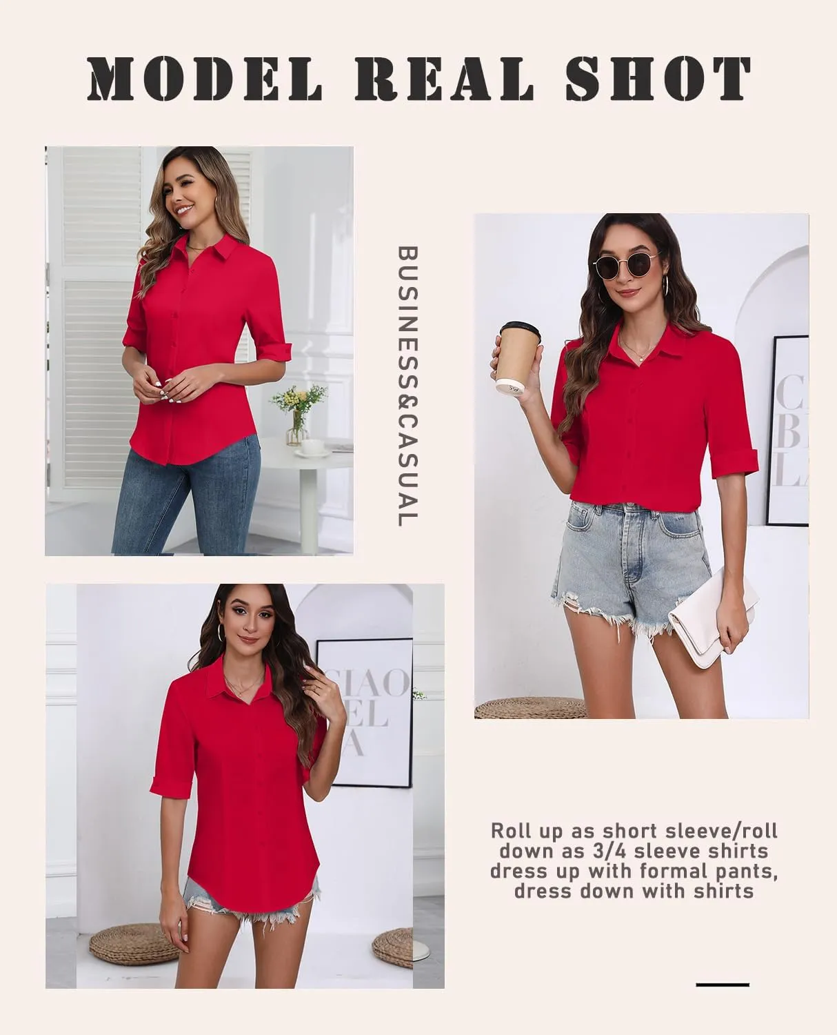 Zeagoo Womens Button Down Shirts 3/4 Sleeve Dress Blouses Business Casual Collared Oxford Tops